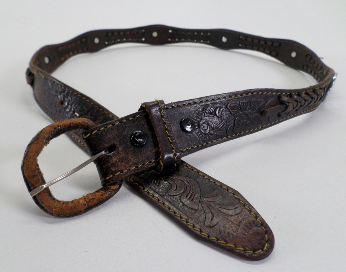 Concho Belt 38 Tooled Leather Western Cowboy Braided Inlay 