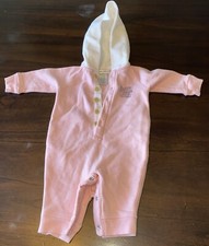 Ralph Lauren Co Pink W White Hooded Romper Fleece Sz 3 M Button Down Snap Crotch