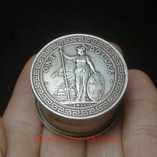 1.6 Inch China Tibet Silver Inlay Stand Person Statue Coin Inkpad Box Seal Boxes