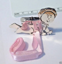 Sterling Silver NICE 13gram 30x45mm Baby Girl Pacifier Holder with Pink Ribbon