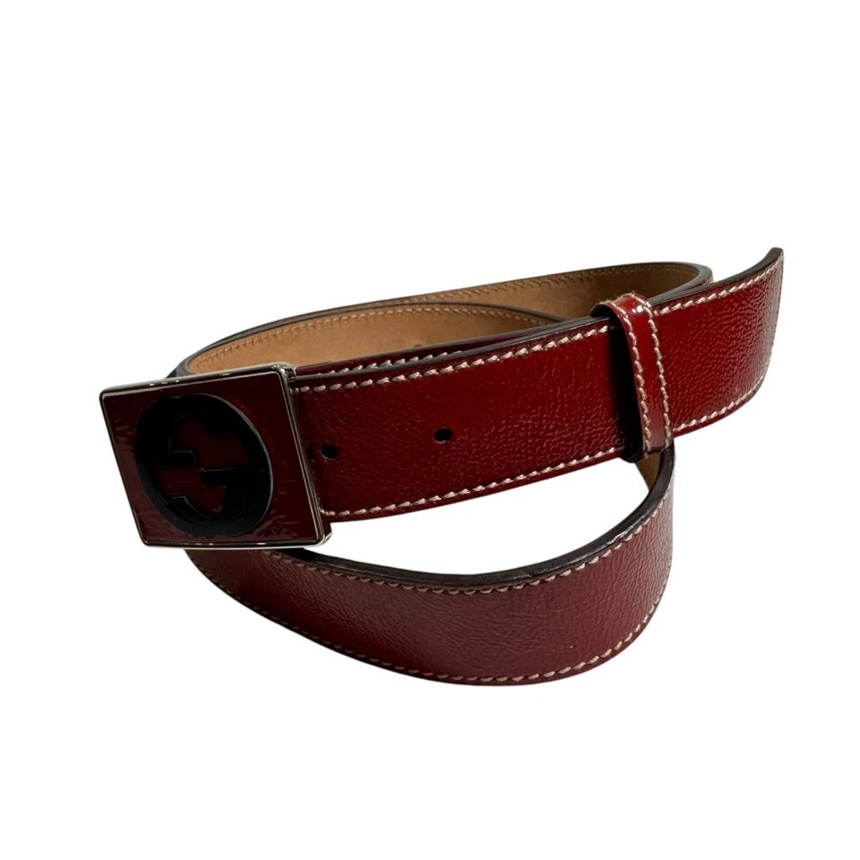 Ремень унисекс GUCCI красный лакированная кожа черный с блокировкой пряжка G табличка 95/33 - Изображение 3 из 4