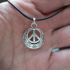 PEACE Sign Minimalist Hippie Flair Necklace, 19" Lg w/2" Adj Metal Charm Pendant