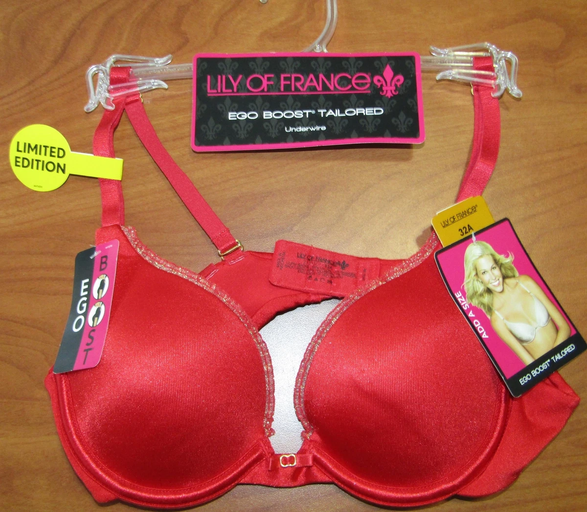 NEW LILY OF FRANCE EGO BOOST TAILORED RED PUSH UP BRA 32A - STYLE 2131101