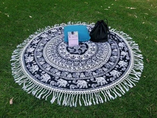Round  Beach Picnic Throw Indian Bohemian Elephant Mandala Tassel Lace Tapestry