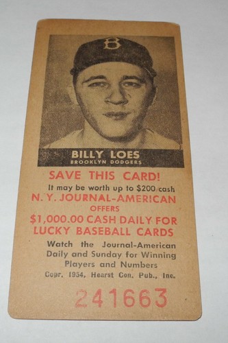 1954 Baseball Card NY Journal American Schedule Billy Loes Brooklyn Dodgers
