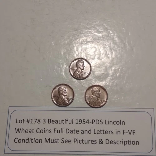 Lot #178 3 Beautiful 1954 Lincoln Wheats 1954-P 1954-D 1954-S F-VF See Pictures