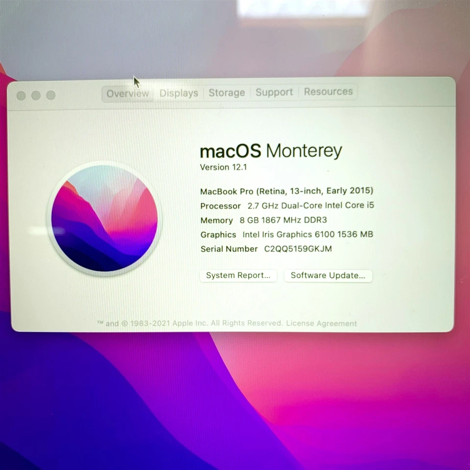 Apple Macbook Pro 12,1 A1502 13.3" Retina i5-5257U 2.7ghz 8GB 256GB SSD Monterey - Image 2 of 4