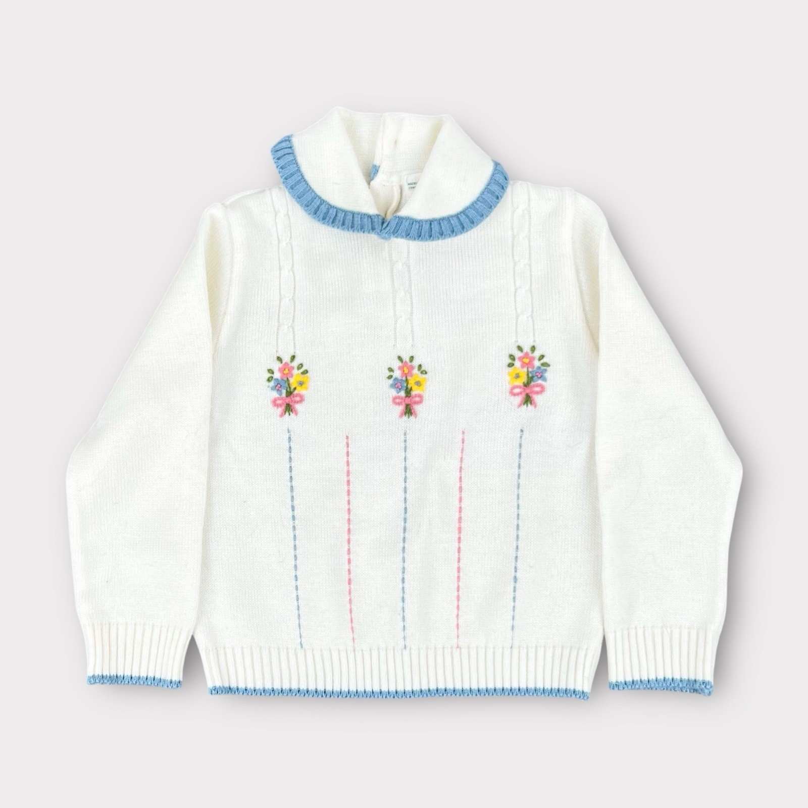 Vintage Toddler Sweater 4T JCPenney Floral Embroidered Knit White Blue Collar