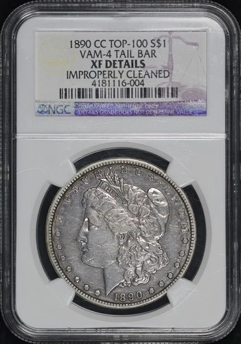 1890-CC Top-100 VAM-4 Tailbar Morgan Dollar NGC XF Details Improperly Cleaned