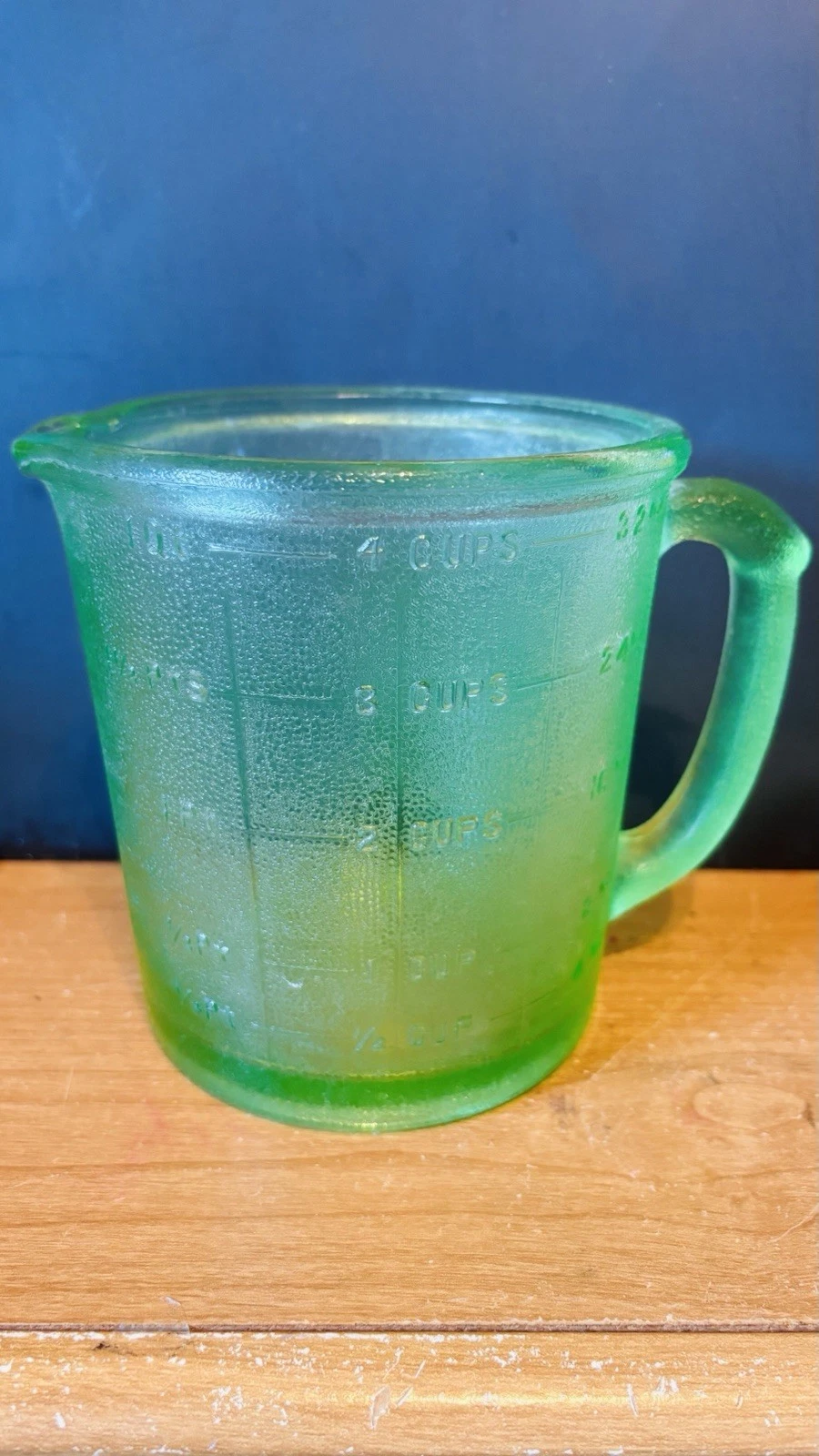 (Glowing ) Green Depression Uranium Glass 4 C Measuring Cup Textured 5 1/2” X 7”