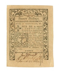 (RI-298) May 1786 20 Shillings RHODE ISLAND Colonial Currency Note