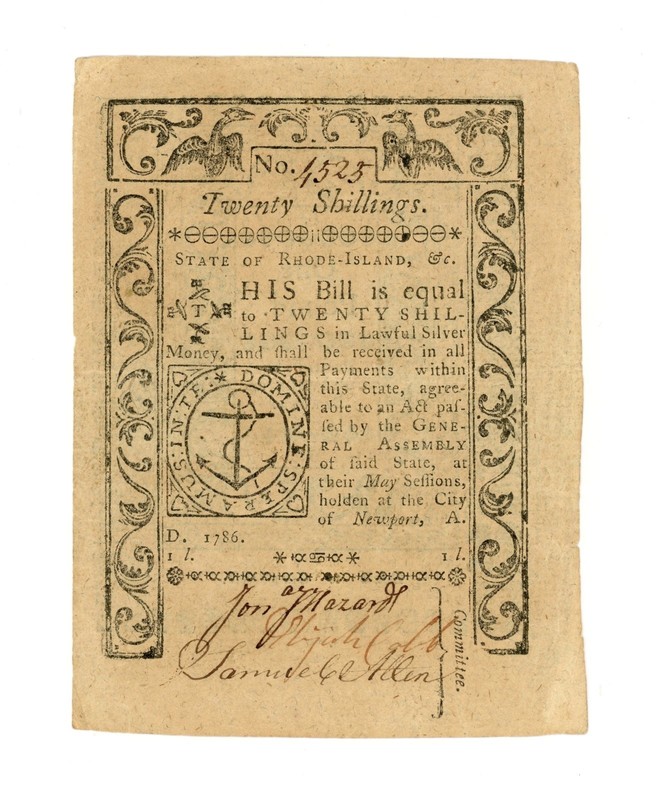 (RI-298) May 1786 20 Shillings RHODE ISLAND Colonial Currency Note
