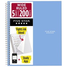 Five Star Spiral Notebook Study App, 5 Subject, Wide Ruled Paper, 8" x 10-1/2"