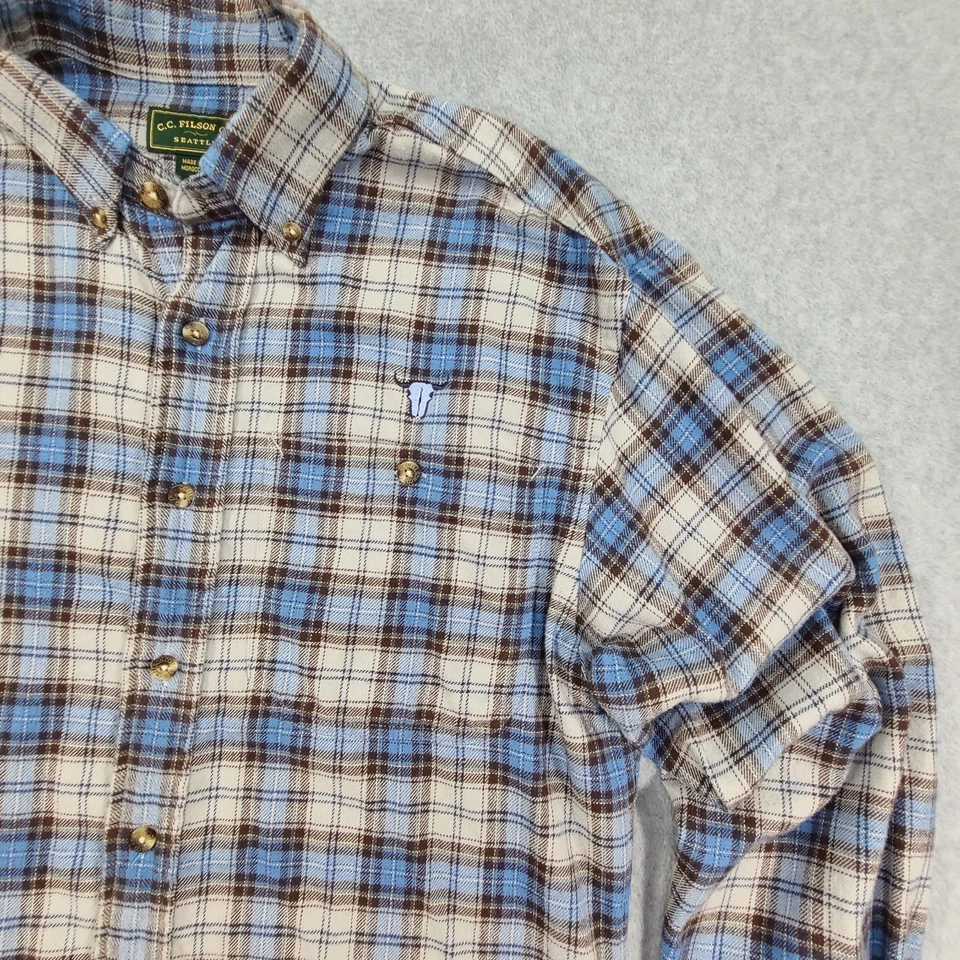 CC Filson Button Flannel Shirt Mens Small Blue Plaid LS Bull Embroidery Outdoor - Image 4 of 4