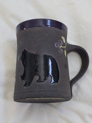 Handmade & Signed Boot Hill Pottery Bear & Berries 4.5'' Tall Coffee Mug