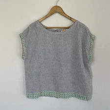 C&C CALIFORNIA Women's Large Linen Blue White Striped Cap Sleeve Embroidered Top