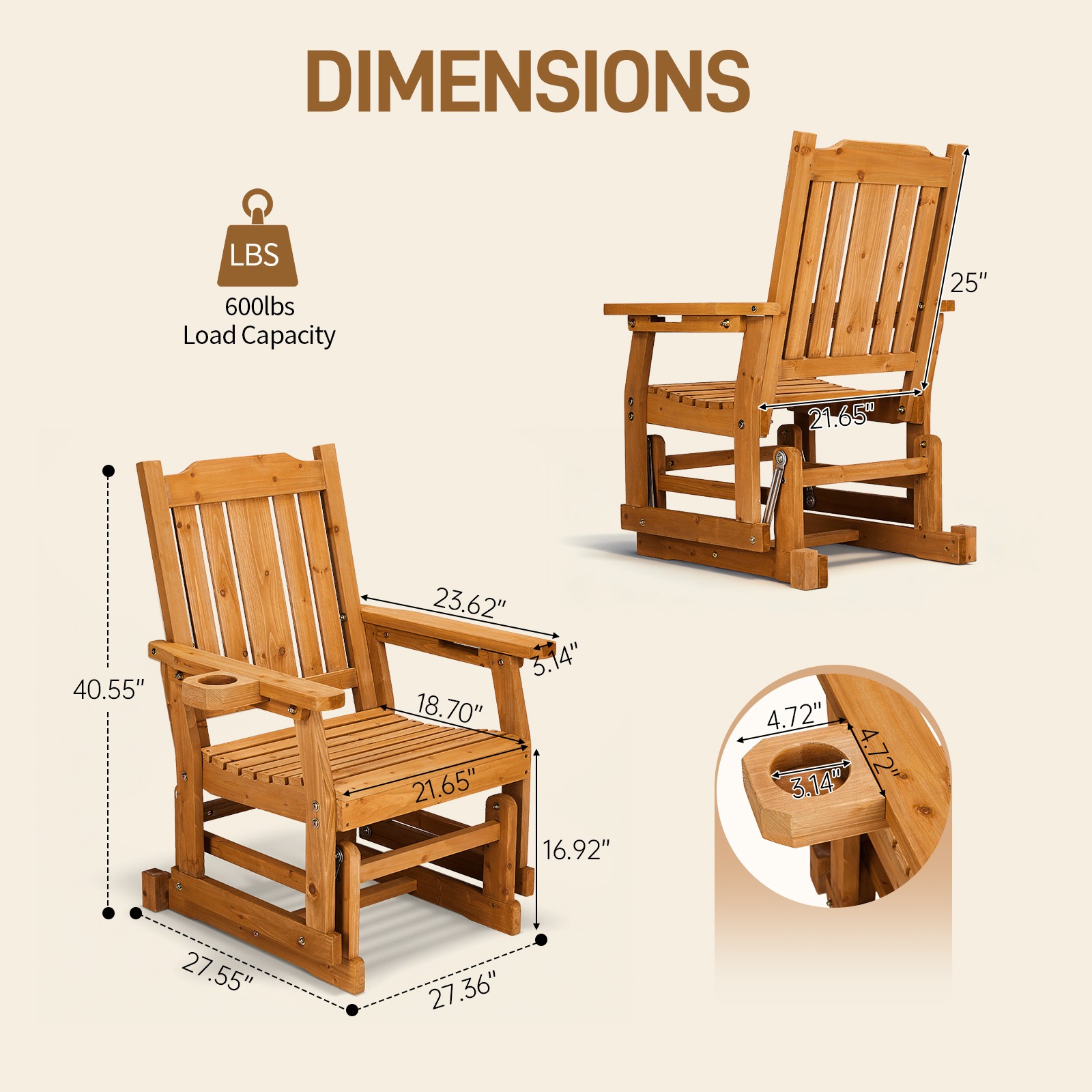 Patio Glider Chair 1Seat w/ Armrest, Backrest Swing Gliding Chair for In/Outdoor