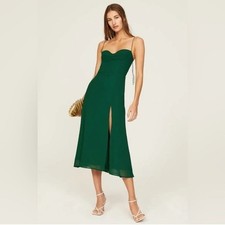 NEW Reformation Juliette Dress in Emerald Dark Green Side Slit US 2 UK 6