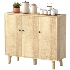 HOMCOM Vintage Sideboard Cabinet with 3 Chevron Doors, Natural Wood Finish