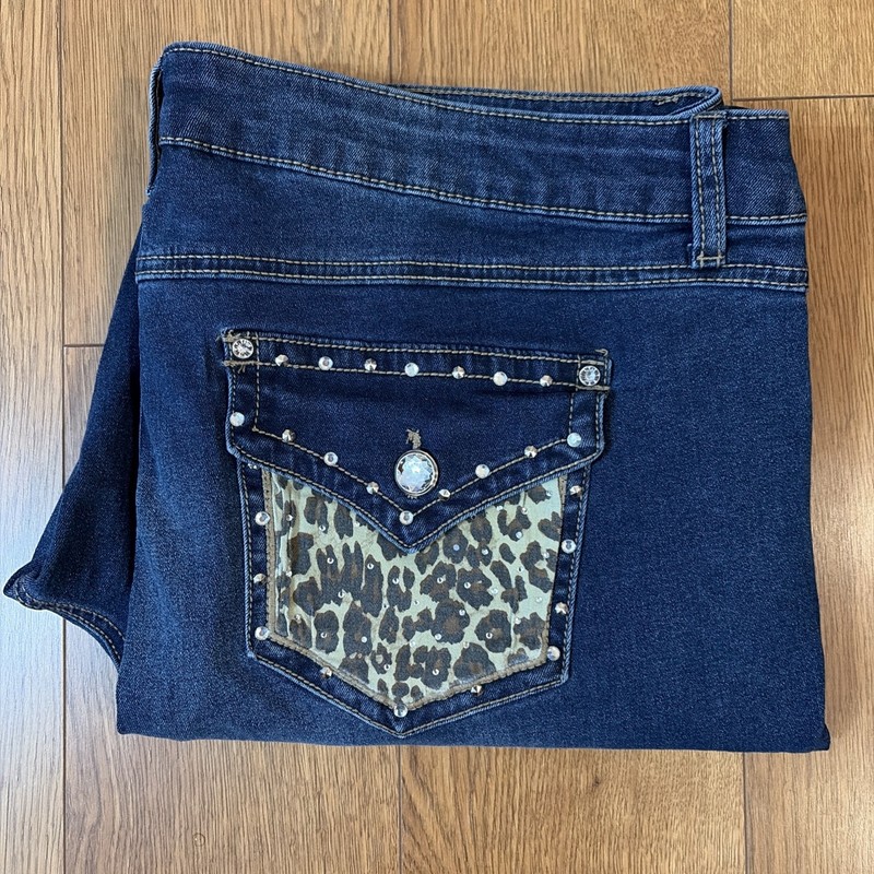 Est 1946 Demin Women Jeans Curvy Animal Print/Rhinestone Pocket Sz18W