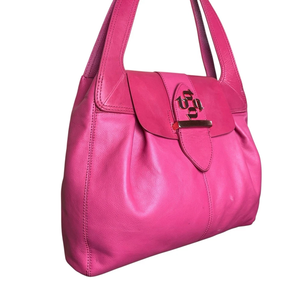 TED BAKER London Hot Pink Leather Satchel Satchel Tote Bag Gold Logo Large - Image 2 of 4