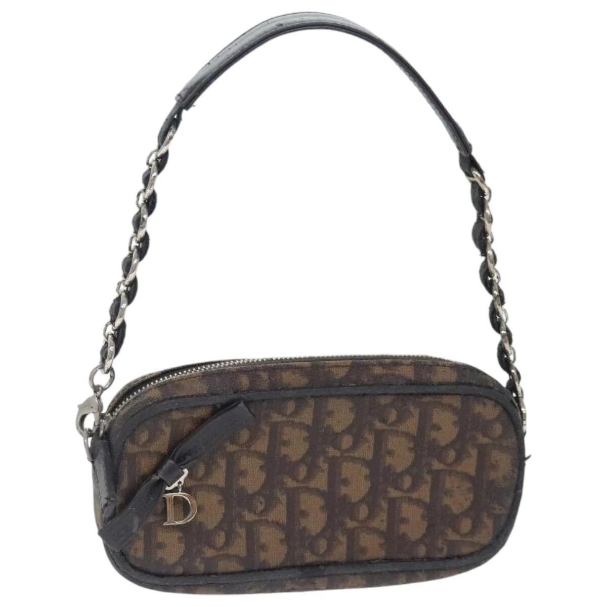 Christian Dior Trotter toile trotteur pochette romantique PVC marron argent authentique 93042