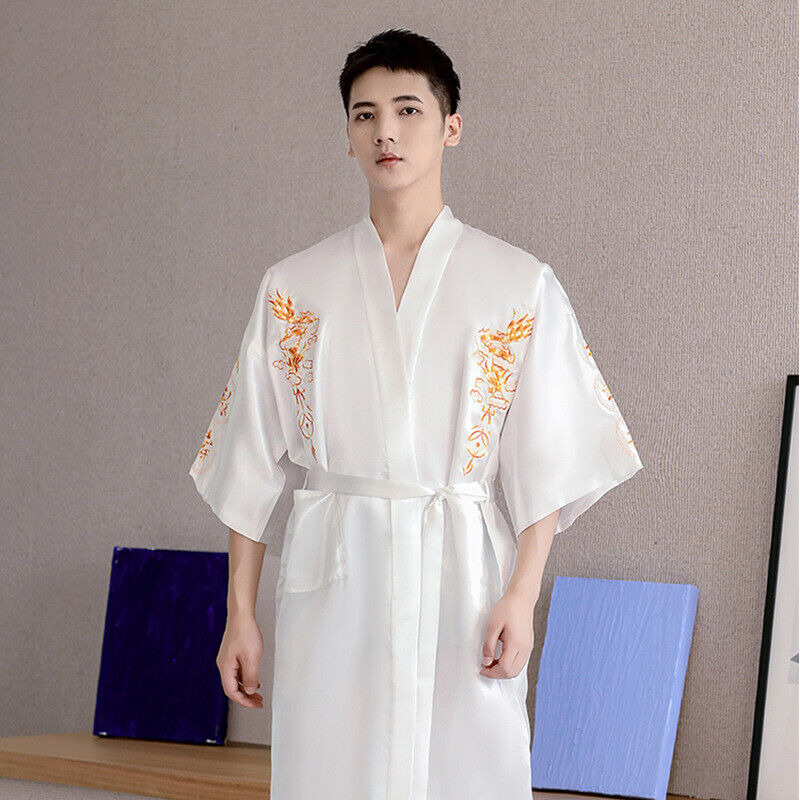 Men Summer Robe Chinese Silk Satin Sleep Robes Dragon Embroidery Sleepwear