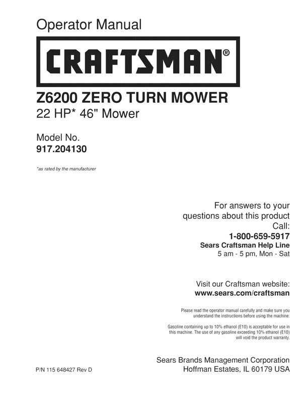 Owners Manual Sears Craftsman Z6200 Zero-Turn 46