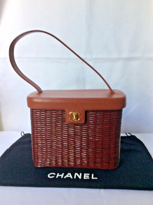 Rare Authentic Vintage Chanel Burgundy CC Basket Bag, Wicker and Leather Topflap