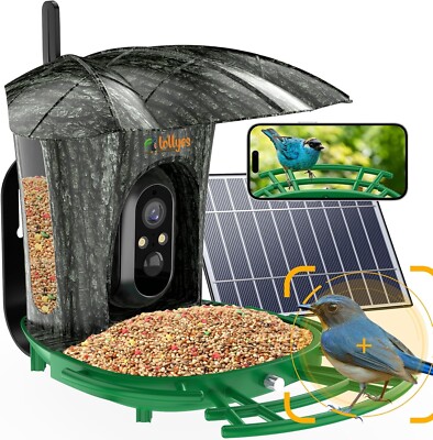 Smart Bird Feeder Cam 1080P, 180° View, Solar, AI ID 11K Birds, Motion Sensor