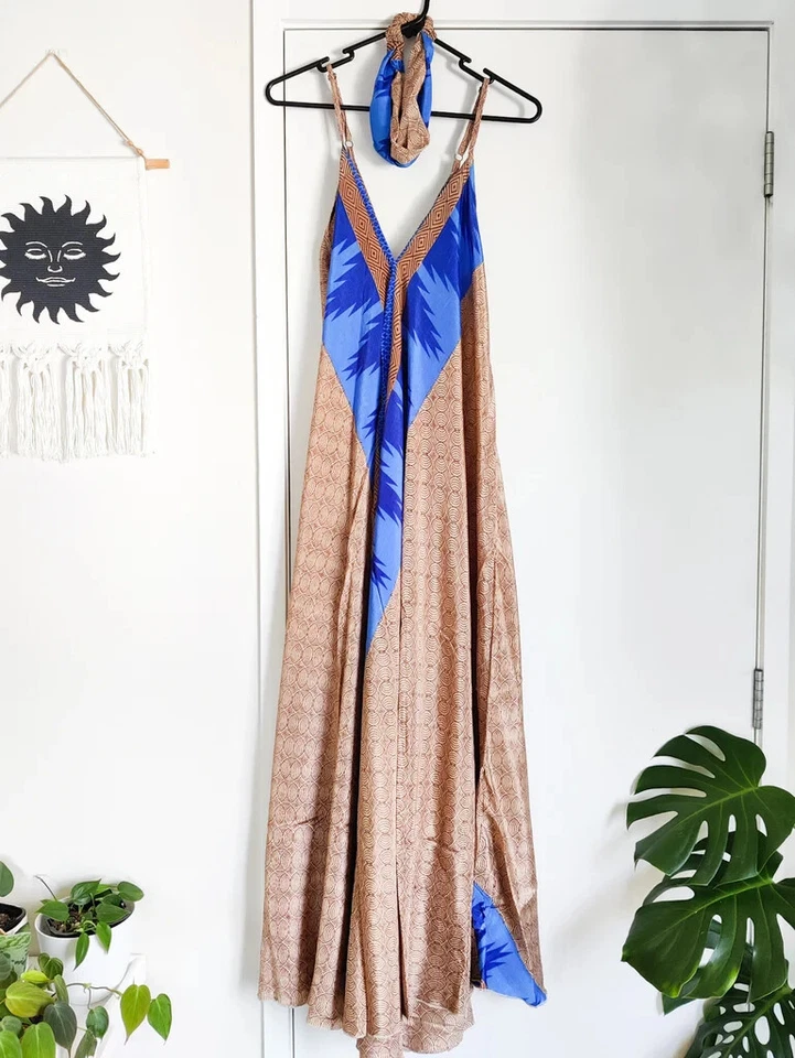 Maxi vestido midi sin mangas con sari de seda vintage indio de 5 piezas para mujer Foto 4 de 4