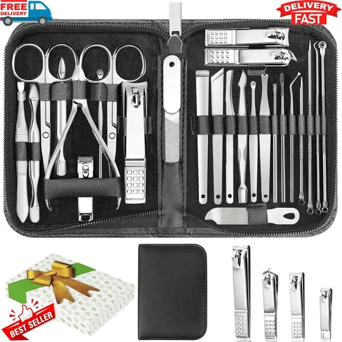 26PCS Pedicure Manicure Set Nail Clippers Ear Cleaner Cuticle Grooming Kit Case