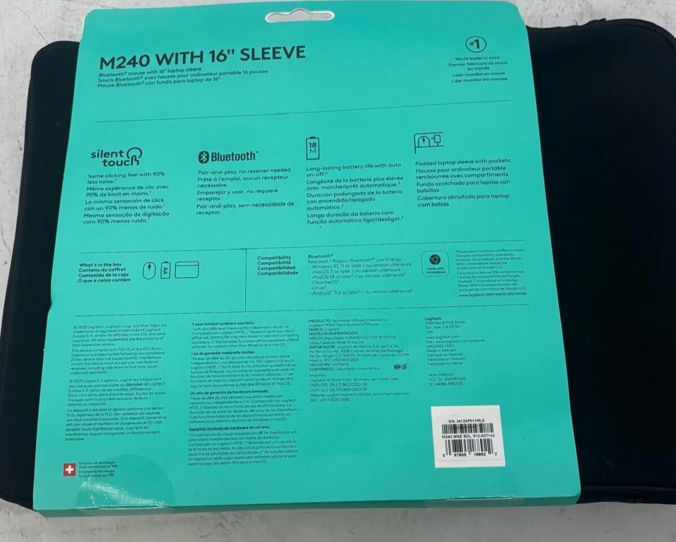 Logitech Bluetooth Mouse y Laptop Funda Paquete M240 Mouse con Funda de 16" Foto 2 de 2