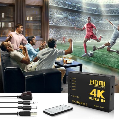 4K HDMI 2.0 Cable Splitter Switcher Box Hub IR Remote Control 5X1 Power 5 to 1
