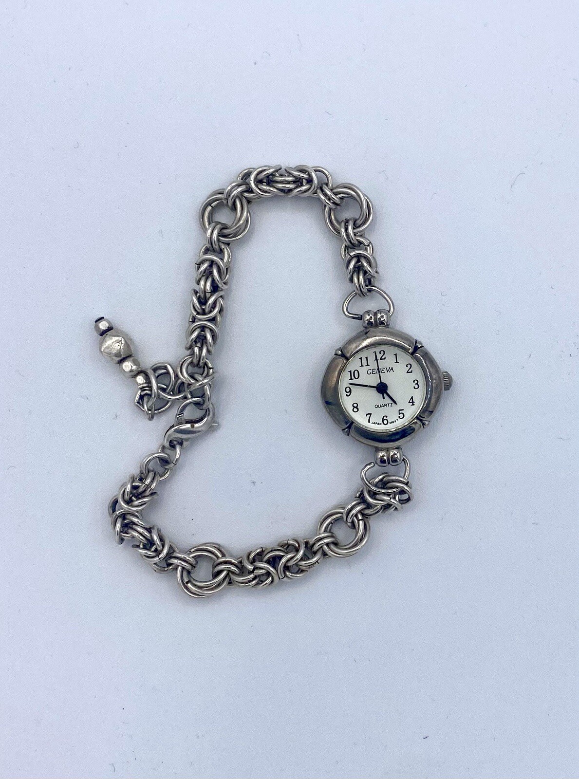 Geneva Ladies Quartz Sterling Silver Wrist Watch —Plus Size Bracelet! Works!