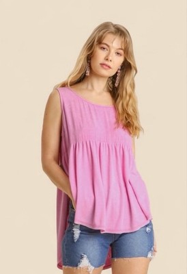 NWT Umgee Mineral Washed Pink Sleeveless Contrasted Fabric Ribbed Top M Medium