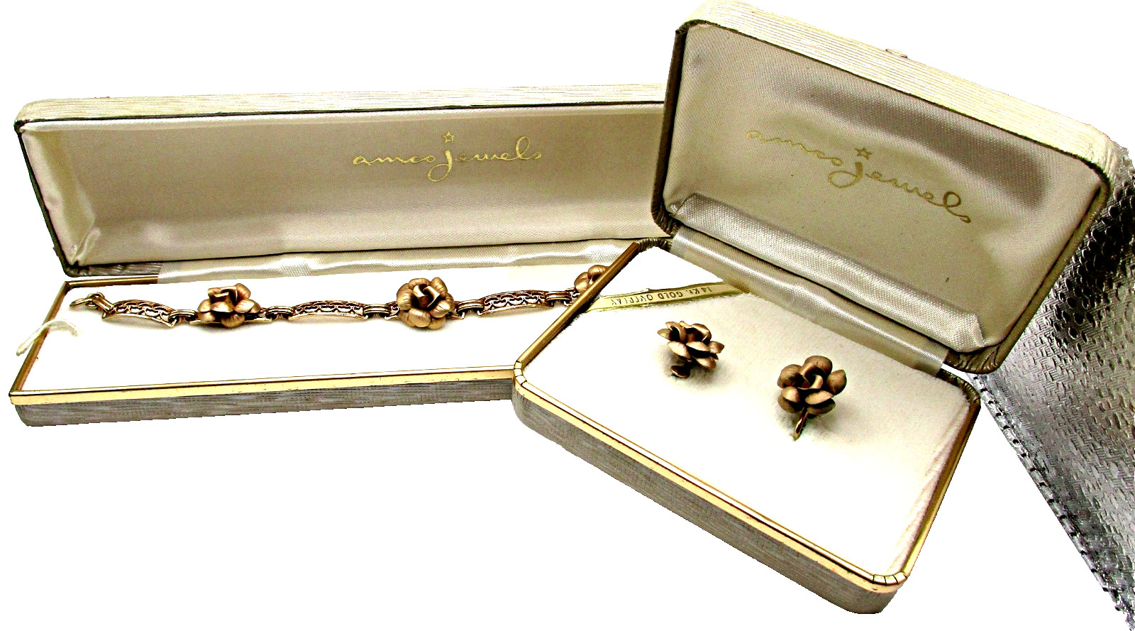 Vintage/Antique Signed AMCO 14K GO Roses Bracelet & Earrings Set Original Boxes