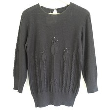 Vtg 60s Sweater Womens M Black Beaded Cable Knit Pointelle Mod Rockabilly Pinup
