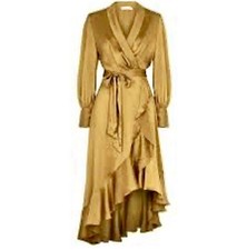ZIMMERMANN ruffled silk wrap midi dress in gold yellow
