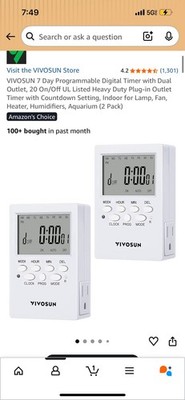 VIVOSUN 7 Day Programmable Digital Timer Dual Outlet Heavy Duty Plug-In 2 Pack