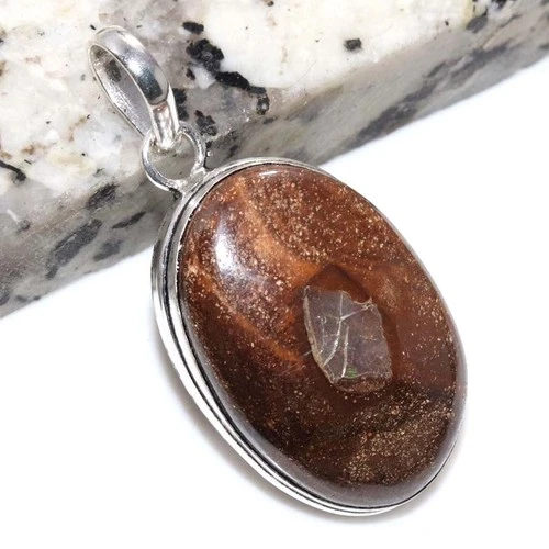 925 Silver Plated Australian Boulder Pipe Opal Pendant 1.7" Women Gifts GW
