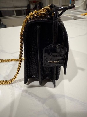 YSL Saint Laurent Sunset Black Croc-Embossed Shiny Leather Gold