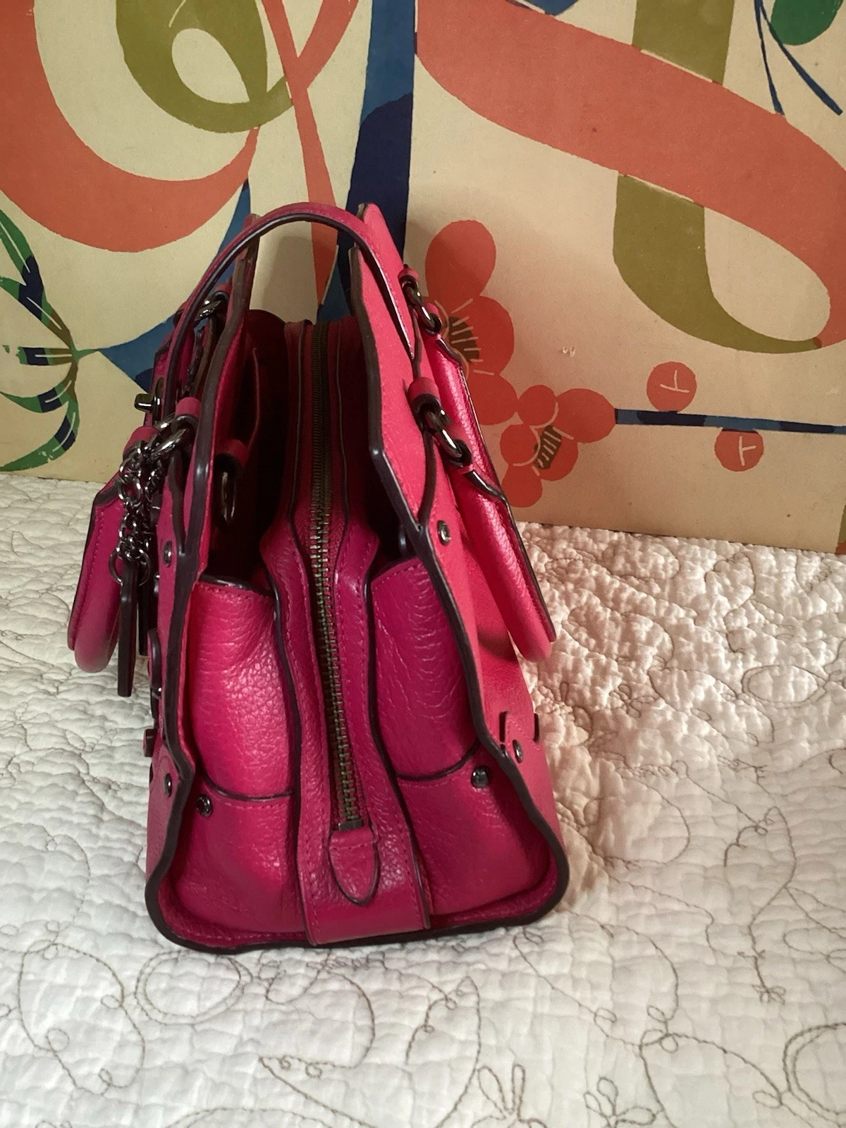 Borsa Coach rosa salice tè rosa floreale 3 scomparti borsa in pelle con tracolla