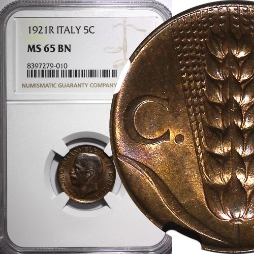 Italy Vittorio Emanuele III 1921 R 5 Centesimi NGC MS65 BN TOP GRADED KM# 59 (0)