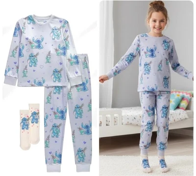 Girls George Velour Lilo And Stitch Pyjama's Set Pj Sock Gift Set Lilac Cosy NEW