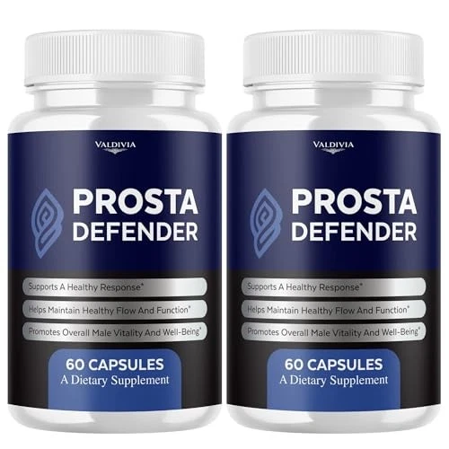 Two ProstaDefender bottles with blue and white labels, white caps, and text promoting prostate health and vitality.