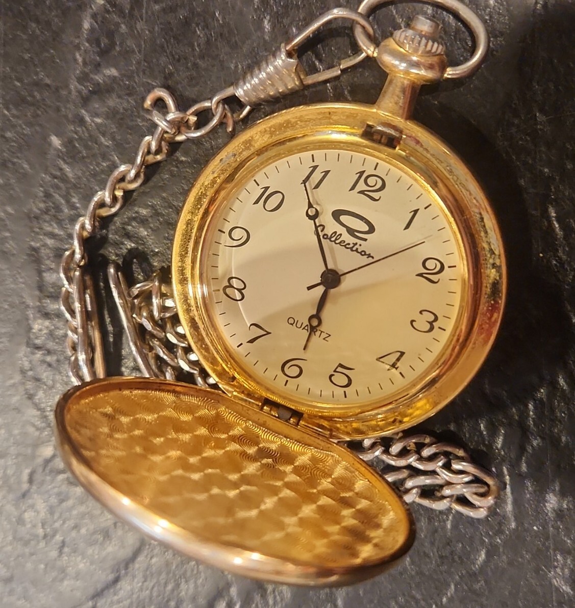 Q Collection Quartz Goldtone Pocket Watch Gemstone On Front