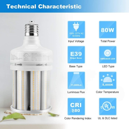 80W LED Corn Light High Bay Bulb 5000K E39 Base Parking Lot Retrofit Light DLC - Picture 5 of 12