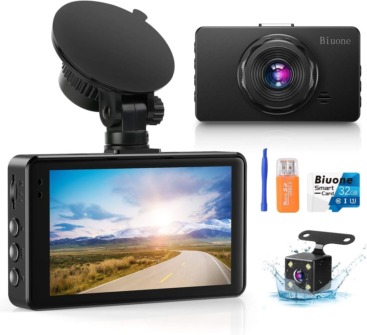 Dash Cam Front & Rear with 32GB Card, Super Night Vision for Cars