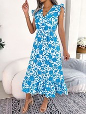 Women's Dress Casual Ear Edge Flower Closed Waist Long Skirt Holiday Dress